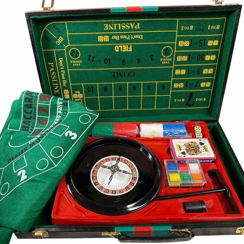 Vintage Casino Game Set/Case Roulette Craps Poker Chips Cards Baccarat Flawed